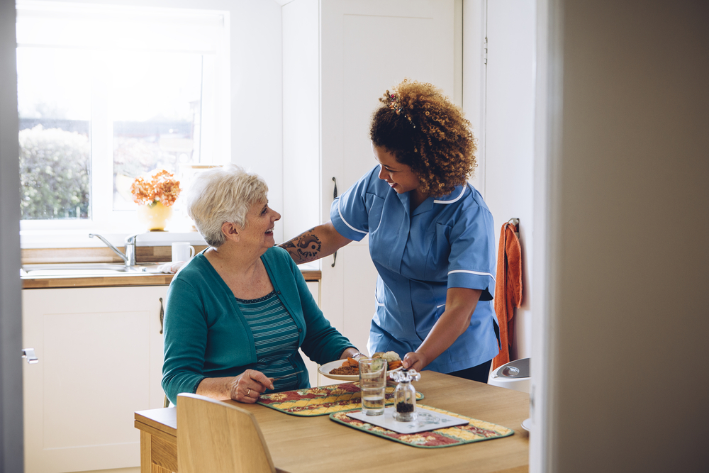 Domiciliary care being provided by a well-trained carer to their client in their home